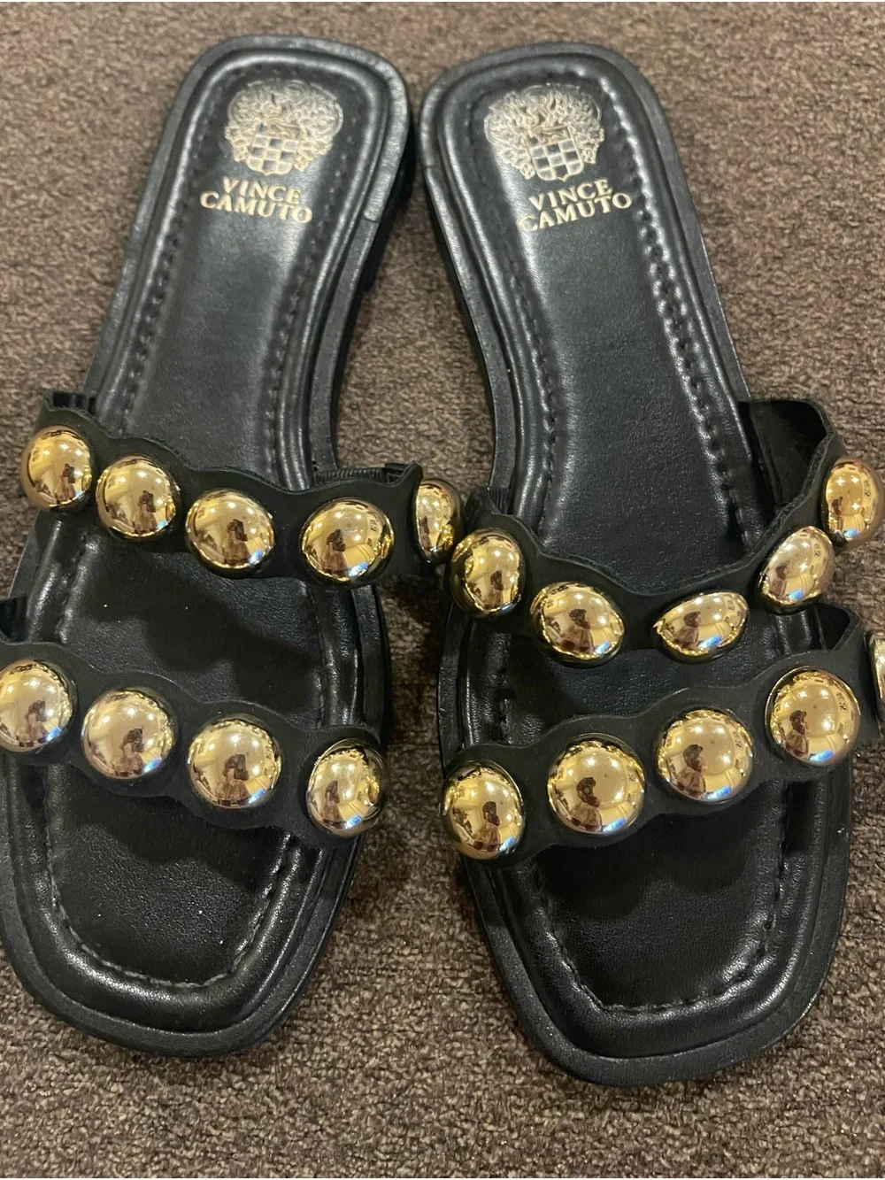 Vince Camuto Black Slide Sandals with Gold Domed Studs